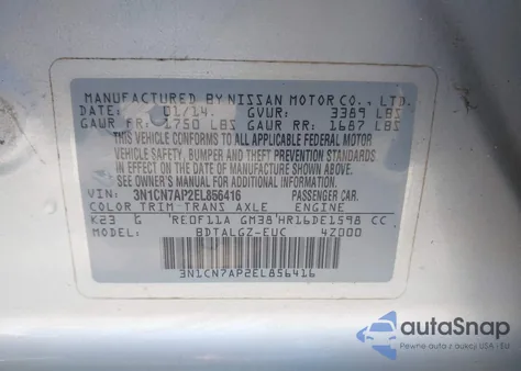 2014 Nissan Versa 1.6 Sl z USA, uszkodzony, nr VIN 3N1CN7AP2EL856416